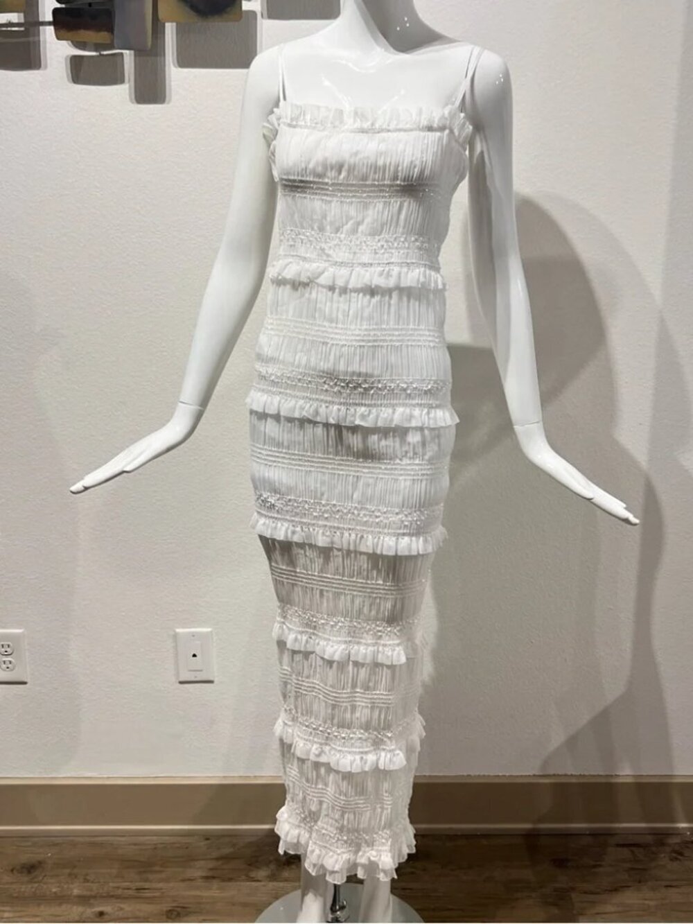 Commense Dress Maxi Ruffle Tiered Sleeveless Spaghetti Bodycon White NWT Small